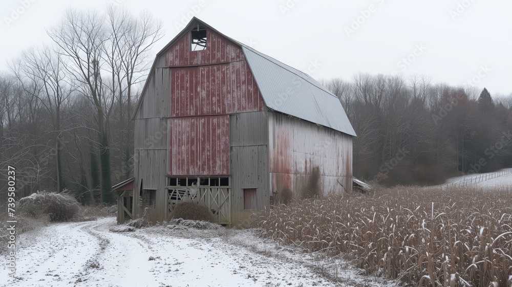 An old red barn in a snowy field with bare trees An old red barn in a snowy field with bare trees