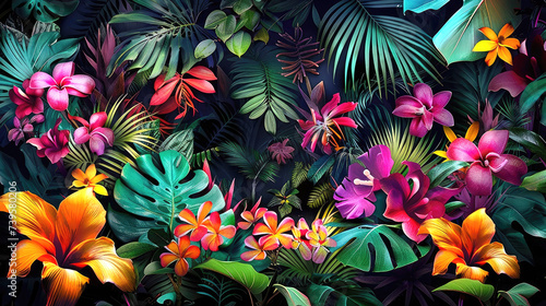 Tropical background from exotic plants  flowers  foliage