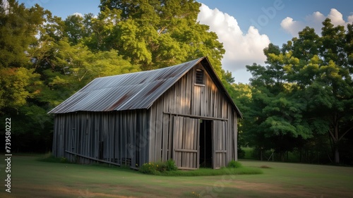 Old barn in a green field with trees