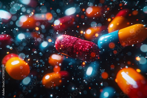 A vibrant, sparkling kaleidoscope of medication encapsulating the hope and brightness of healing