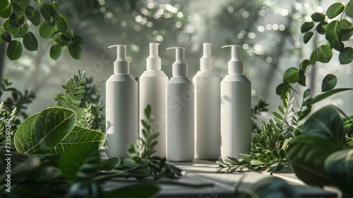 Mock up of natural beauty products. White cosmetic bottles with green leaves on a light natural green blurred background. Soft image, soft focus style. Organic cosmetic products concept. Generative ai