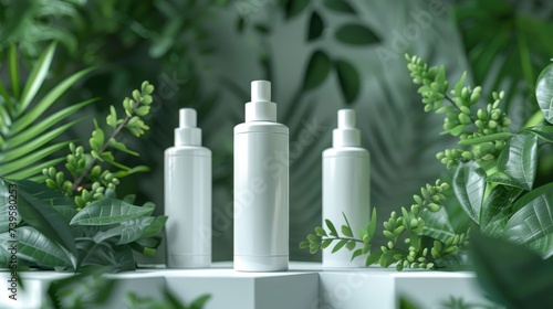 Mock up of natural beauty products. White cosmetic bottles with green leaves on a light natural green blurred background. Soft image, soft focus style. Organic cosmetic products concept. Generative ai