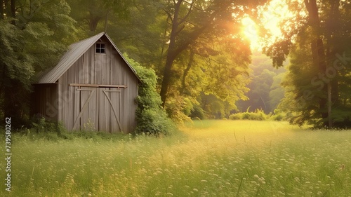 Old barn in a sunlit meadow  trees in background