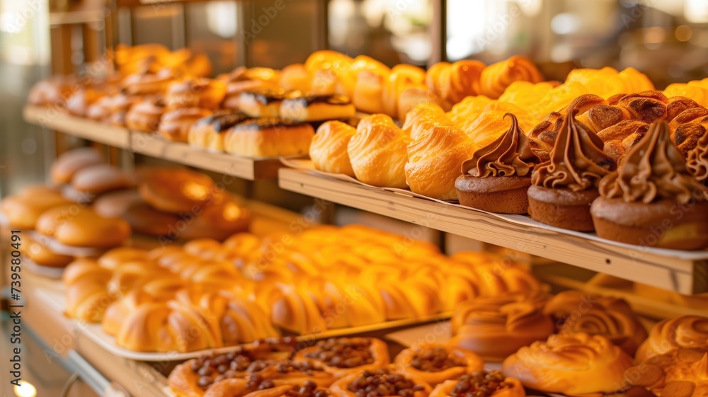 Assorted pastries on bakery shelves, with warm tones