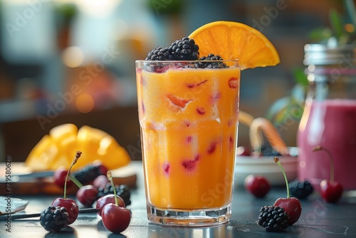 Refreshing orange juice served in a tall glass, garnished with fruit and accompanied by other delicious nonalcoholic options such as smoothies and aguas frescas, making for a healthy and vibrant drin photo