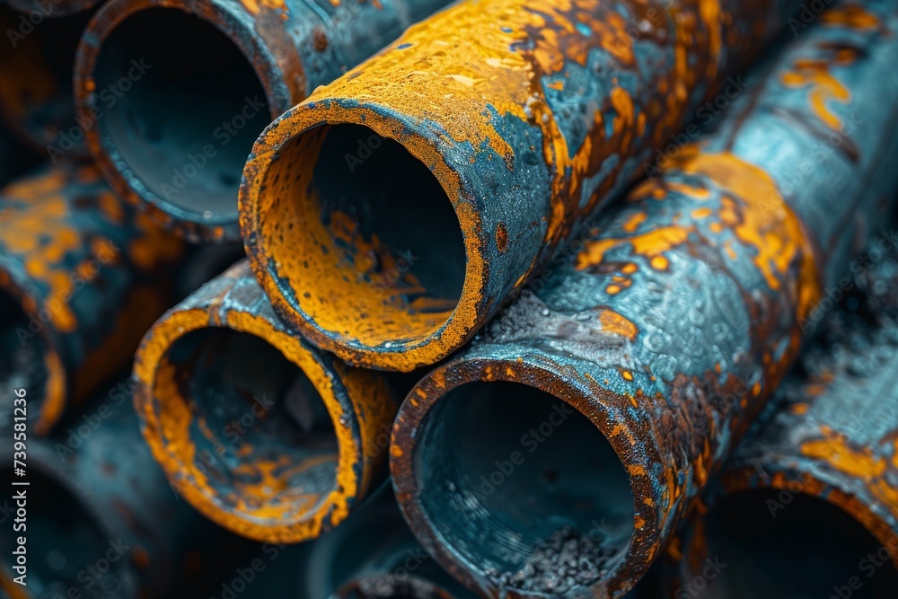 A cluster of corroded pipes stands tall, a reminder of time's unyielding grasp and the beauty found in decay