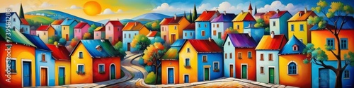 Abstract drawn banner of a small town or village. Colorful houses. Background for design. 