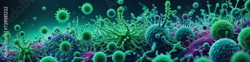 Abstract banner of viruses  microbes  bacteria on blurred dark background. 3D visualization of the microcosm. Concept for medical and hygienic illustrations.