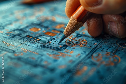 A skilled person delicately traces a circuit board with a pencil, their hand steady and focused as they bring the intricate design to life