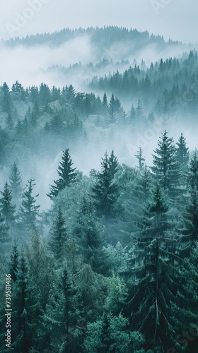 Misty fir forest landscape © toomi123