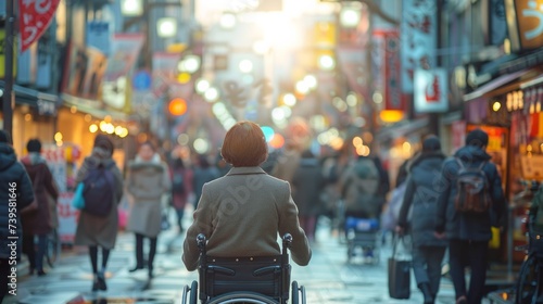 Black elder woman in a wheelchair, wearing a business suit, driving through a noisy city street.