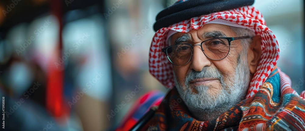 Middle Eastern origin elder man, wearing scarf in the bus.