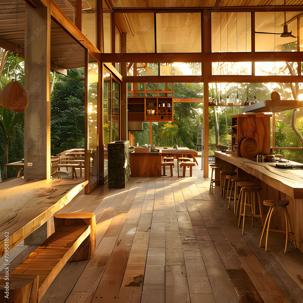 Golden Hour Illumination Inside a Rustic Wooden Cabin With Outdoor Views