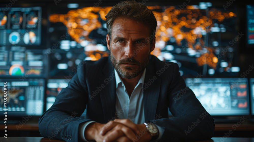 Fototapeta premium Strategic Planning in Acquisitions A businessman sits at a conference table surrounded by screens displaying various financial data and charts. His gaze is focused on a world