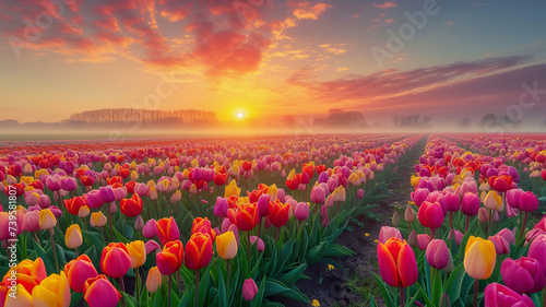 Colorful field of tulips in bloom  sunrise  Holland landscape