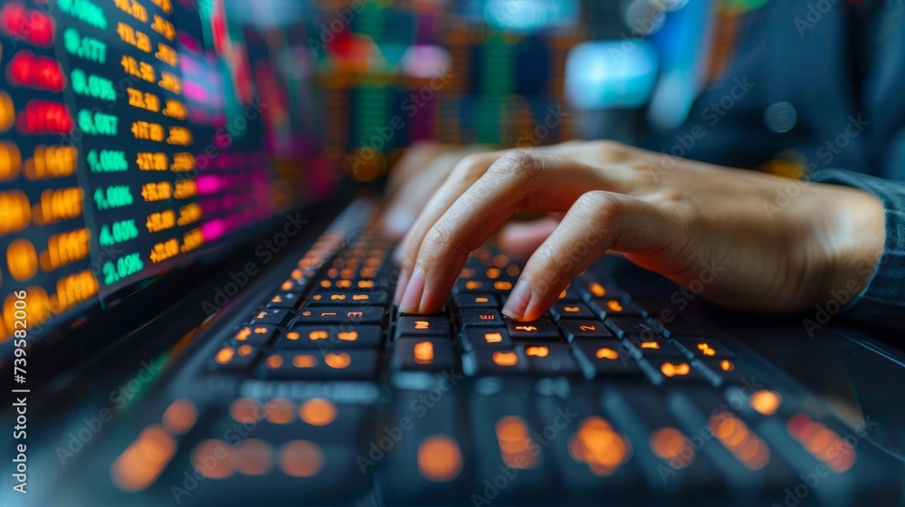 Close-up photograph of a trader's hands, fingers hovering over a keyboard as they make split-second decisions on buying and selling stocks Close-up photograph of a trader's hands, fingers hovering over a keyboard as they make split-second decisions on buying and selling stocks