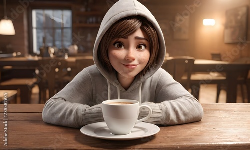 A girl in a hoodie is sitting at a wooden table, smiling with a cup of coffee in hand