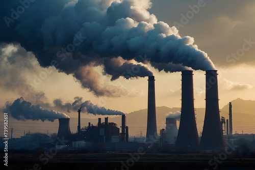 Power plant with smoking chimneys at sunset. Global warming concept.  Generative AI © igor.nazlo