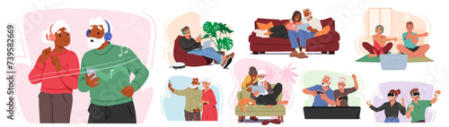 Vector Set of Joyful Senior Characters Embrace Modern Technology, Adeptly Navigating Smart Devices With Smiles
