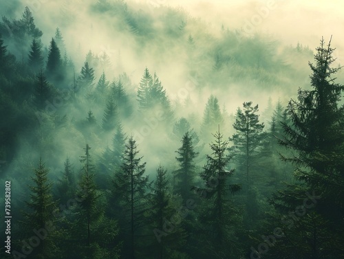 Misty fir forest landscape