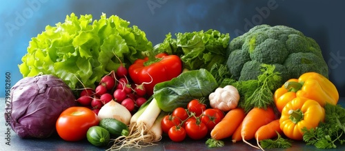 A colorful variety of fresh and vibrant vegetables laid out on a bright blue background