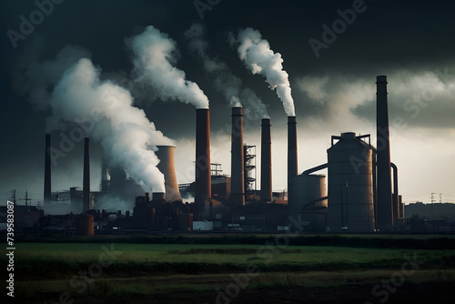 Power plant polluting the environment with smokestacks. Global warming concept. Generative AI