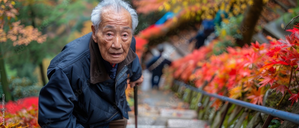 Elderly man with a cane, of Asian descent, climbs a steep staircase with a look of determination on his face. Elderly man with a cane, of Asian descent, climbs a steep staircase with a look of determination on his face.