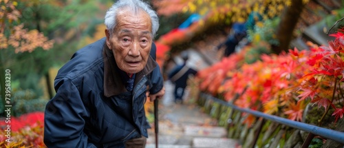 Elderly man with a cane, of Asian descent, climbs a steep staircase with a look of determination on his face.