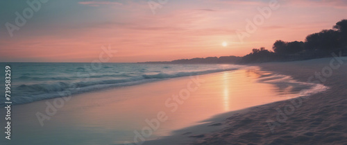 A serene beach at twilight, the sky a canvas of soft pastels, and the sea gently reflecting 