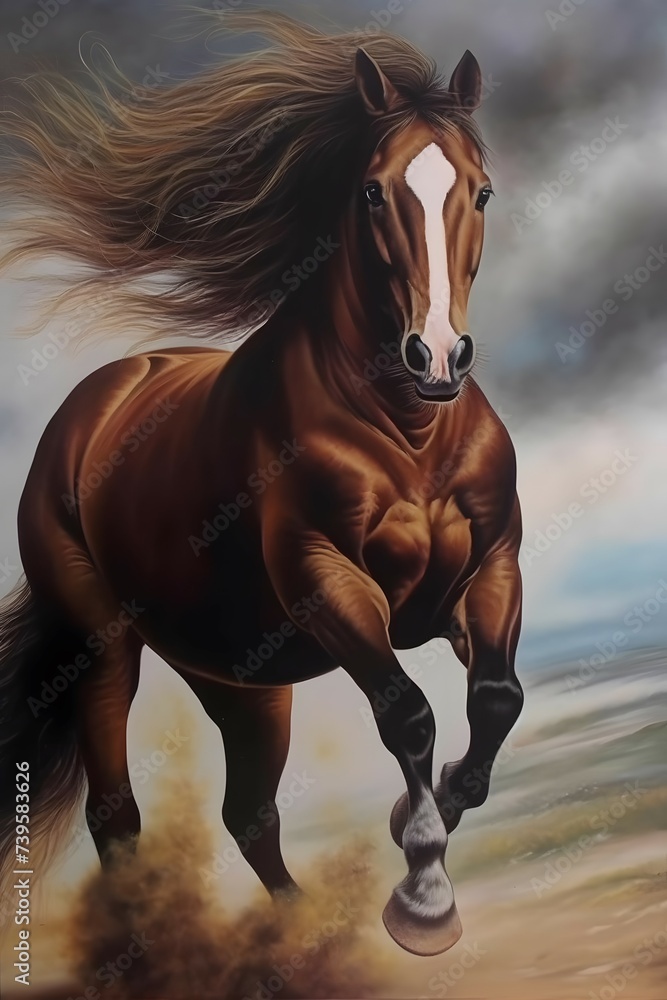 a painting of a horse running in the wind, by Carol Sutton, romanticist oil painting , masterful oil on canvas painting, highly detailed oil-painting, beautiful horse, by Pamela Ascherson, by TerryRe - obrazy, fototapety, plakaty 