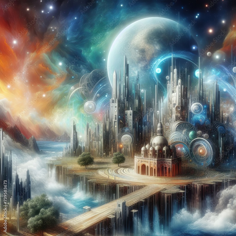 Bright, fantastic, fabulous city landscape under a starry night sky. A majestic, intricate castle with ornate designs is surrounded by swirling clouds of various colors. Illustration by Generative AI. Bright, fantastic, fabulous city landscape under a starry night sky. A majestic, intricate castle with ornate designs is surrounded by swirling clouds of various colors. Illustration by Generative AI.