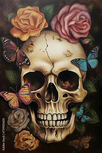 a painting of a skull with roses and butterflies, an ultrafine detailed painting, by Jeka Kemp, award-winning oil painting, desert valley of bones, featured on artsation,award winning painting, bet h