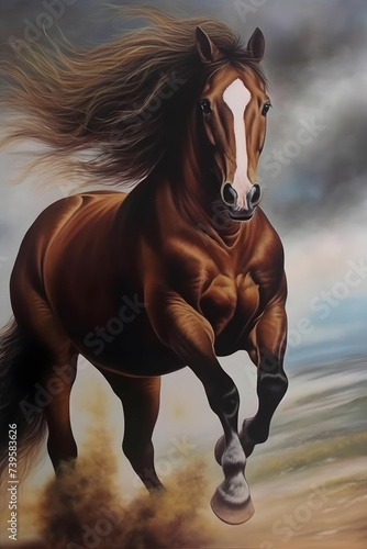 a painting of a horse running in the wind, by Carol Sutton, romanticist oil painting , masterful oil on canvas painting, highly detailed oil-painting, beautiful horse, by Pamela Ascherson, by TerryRe