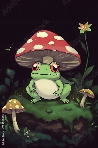 a frog with a snail sitting on top of a mushroom, ginko showing a new mushi, teemo, discord profile picture, cocroach, he is greeting you warmly, monogon, cute frog, cute digital art, cute forest cea