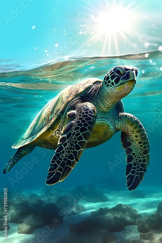 a turtle swimming in the ocean on a sunny day, sea turtles, great leviathan turtle, digital art animal photo, marine animal, tropical sea creatures, illustrations of animals, ocean background, turte, © quinnfinch