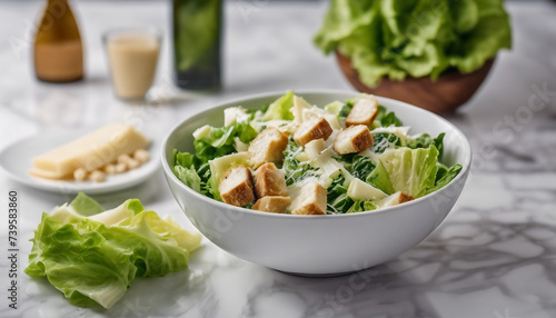 Classic Caesar Salad, crisp romaine lettuce with croutons, parmesan shavings, and creamy dressing i