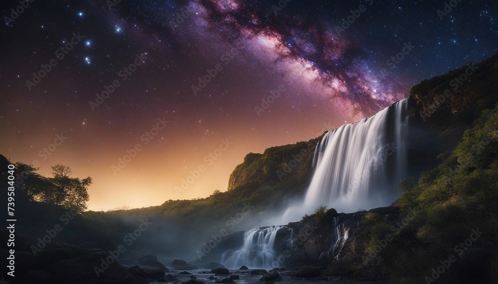 Cosmic Cascade, a waterfall that shimmers with iridescent light against a backdrop of constellations