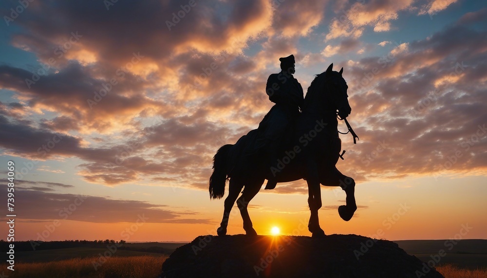 Cossack Heritage Monument, a silhouette against a sky of vibrant sunset colors