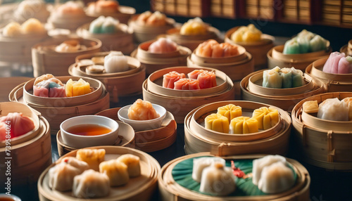 Colorful Dim Sum Assortment, in bamboo steamers, with a vibrant Chinese tea house scene in soft 