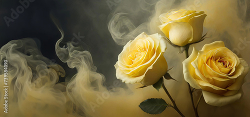Róże i dym. Piękne żółte letnie kwiaty. Abstrakcyjne tło kwiatowe #739584090