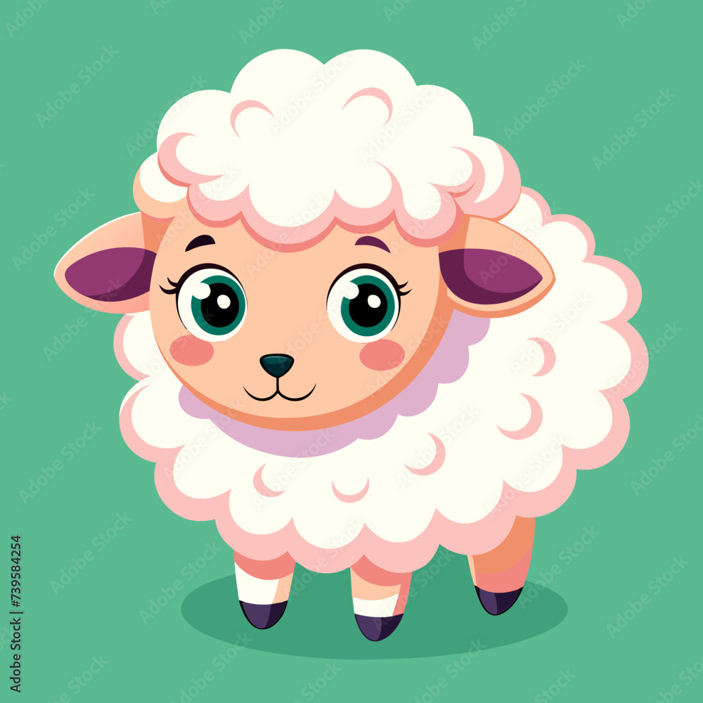 A cute little cartoon fluffy white sheep with big eyes stands on four legs. Vector illustration isolated on white. A cute little cartoon fluffy white sheep with big eyes stands on four legs. Vector illustration isolated on white.