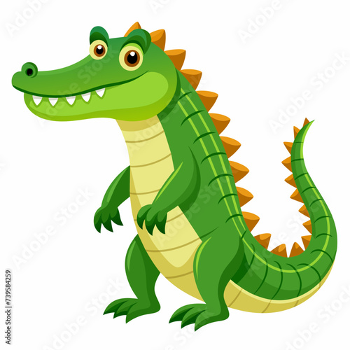The green cartoon crocodile walks on his hind legs. Cartoon kind children's character. Vector illustration isolated on white.