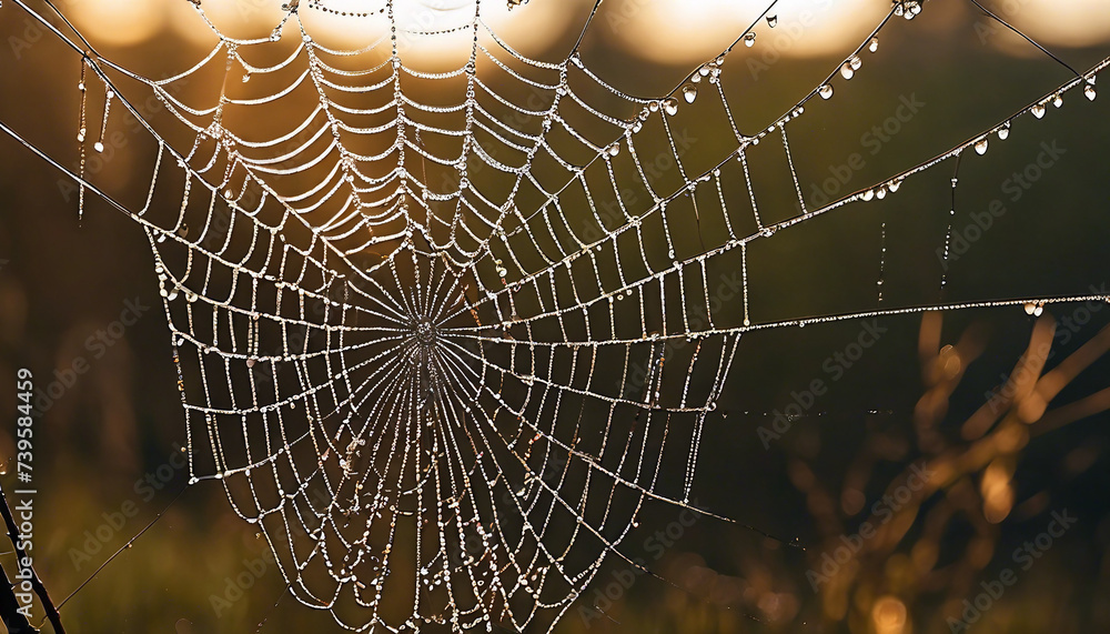 Dewdrops on a Spider Web, early morning light shimmering through each drop, creating a lattice