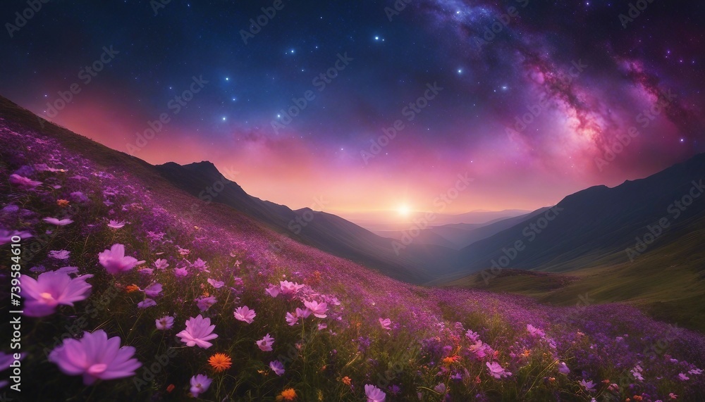Enchanted Floral Valley, under a vibrant galaxy, the flowers bathed in the ethereal glow of a cosmic