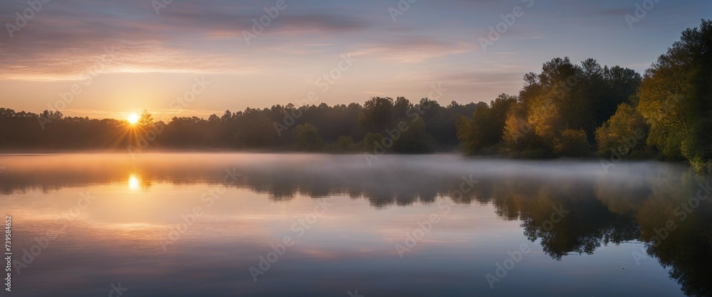 Ethereal River at Dawn, with mists swirling over the water as the first light of day mixes