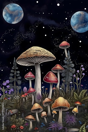 a painting of a field of mushrooms with a full moon in the background, a storybook illustration, by Jeka Kemp, psychedelic art, graphic of enchanted terrarium, black witch hat, colorful alien flora f