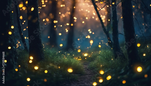 Enchanted Moonlit Forest with Fireflies, a soft glow from the moon amplifying the gentle light
