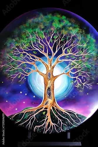 a painting of a tree with a full moon in the background, an airbrush painting, by Jeka Kemp, metaphysical painting, holding a pentagram shield, on textured disc base, vivid ultraviolet colors, roun-c