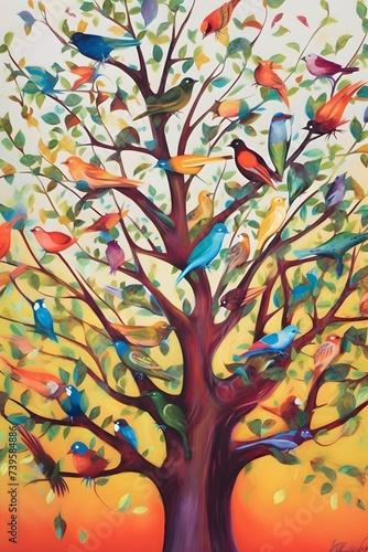 a painting of a tree with birds on it, by Judith Brown, behance contest winner, vibrant palette, anamorphic illustration, twitter, loosely cropped, jeremy cowart, exhibition catalog, connectedness,we