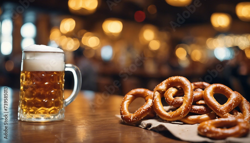 German Beer and Pretzels, a frothy mug and salted pretzels, with the boisterous energy
